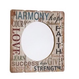 Spejl med teksten Harmony Hope Courage Patience på træramme 60x60cm - Se flere Skilte og Spejle